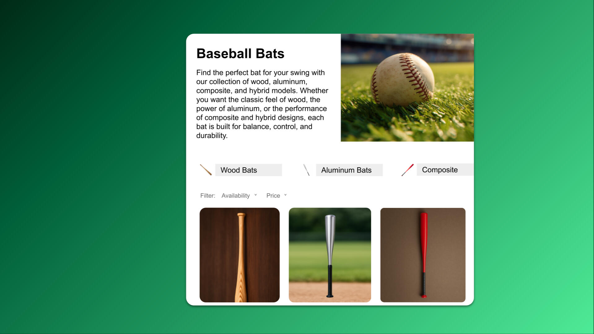 Shopify site showing a collection page with baseball bats which was seo optimized