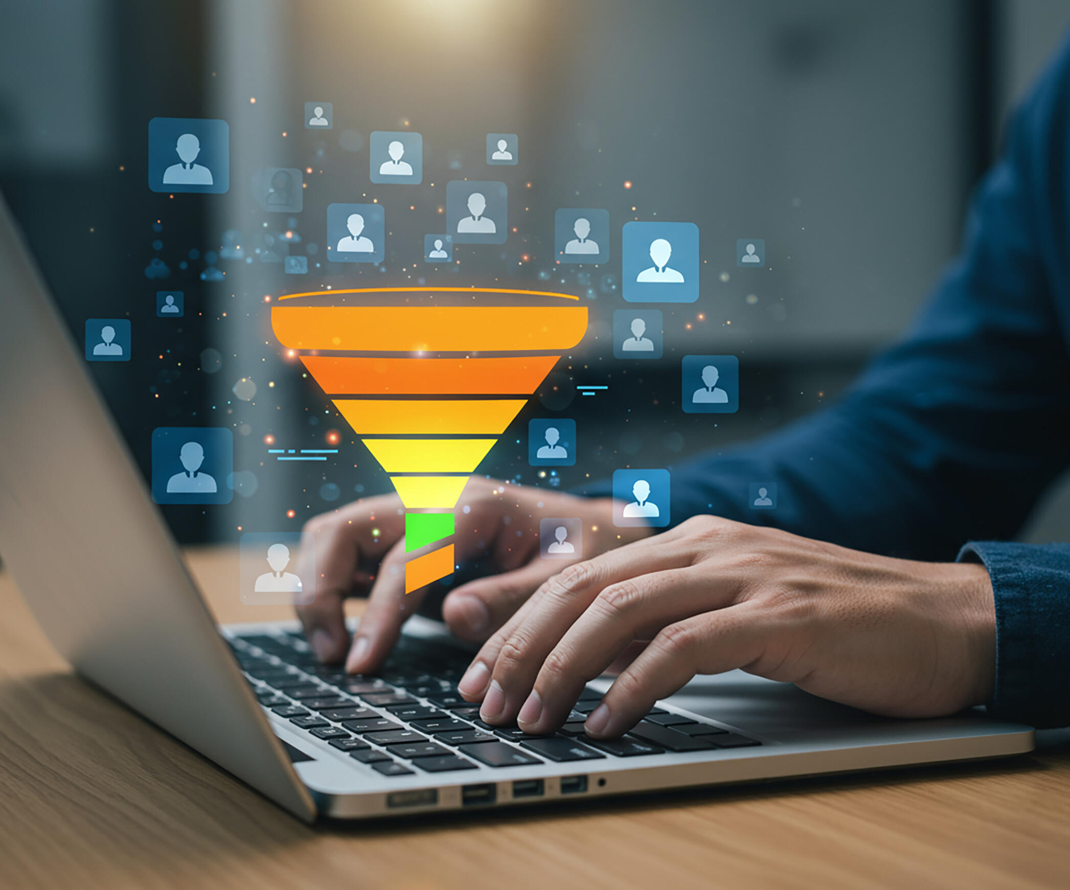 man in suit typing on laptop with a funnel super imposed