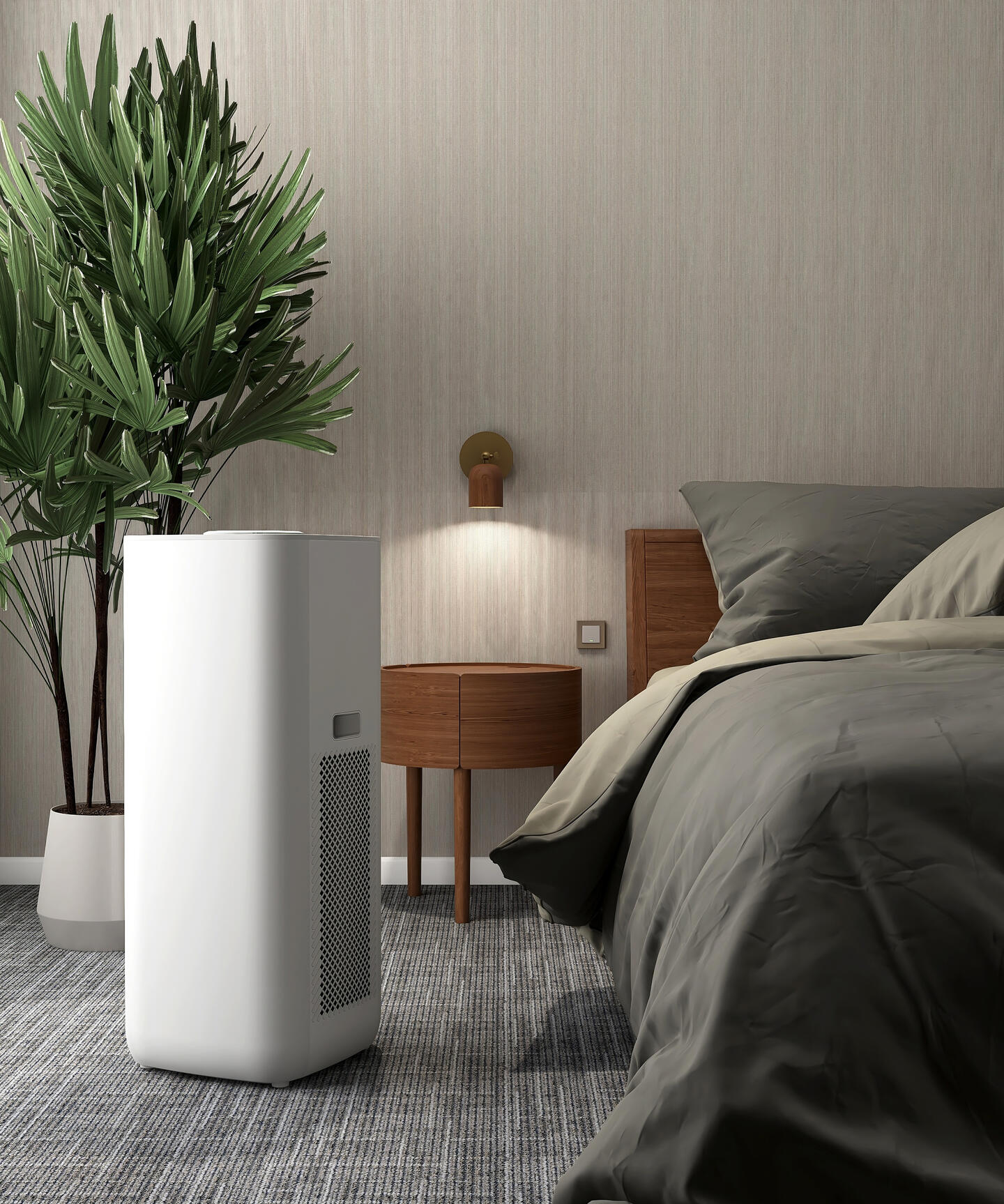 air purifier in bedroom next to bed